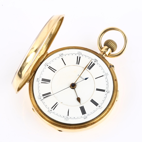 1062 - A late 19th century 18ct gold open-face keyless chronograph pocket watch, white enamel dial with Rom... 