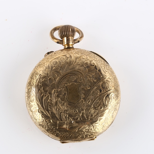 1063 - A Continental 14ct gold open-face keyless fob watch, chased and engraved gilded dial with Roman nume... 