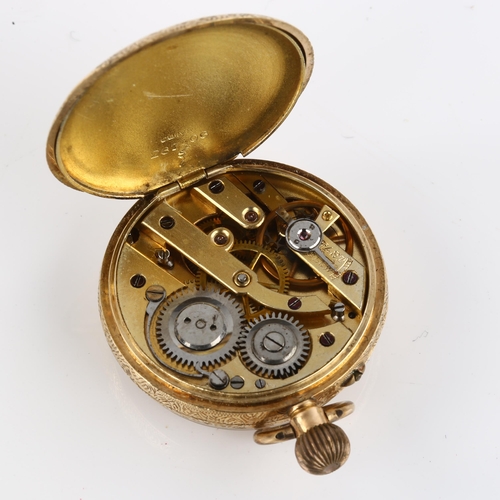 1063 - A Continental 14ct gold open-face keyless fob watch, chased and engraved gilded dial with Roman nume... 