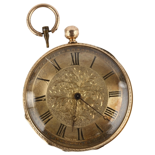 1064 - An early 20th century open-face key-wind pocket watch, unmarked yellow metal case, with engraved flo... 