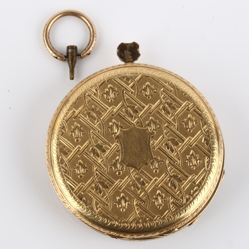 1064 - An early 20th century open-face key-wind pocket watch, unmarked yellow metal case, with engraved flo... 