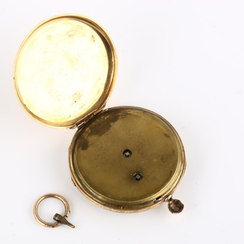 1064 - An early 20th century open-face key-wind pocket watch, unmarked yellow metal case, with engraved flo... 