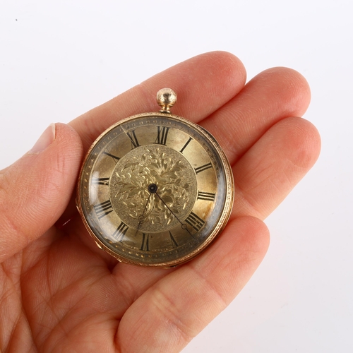 1064 - An early 20th century open-face key-wind pocket watch, unmarked yellow metal case, with engraved flo... 