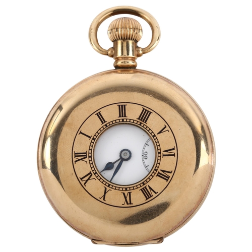 1067 - DERRICK - an early 20th century gold plated half hunter keyless pocket watch, white enamel dial with... 