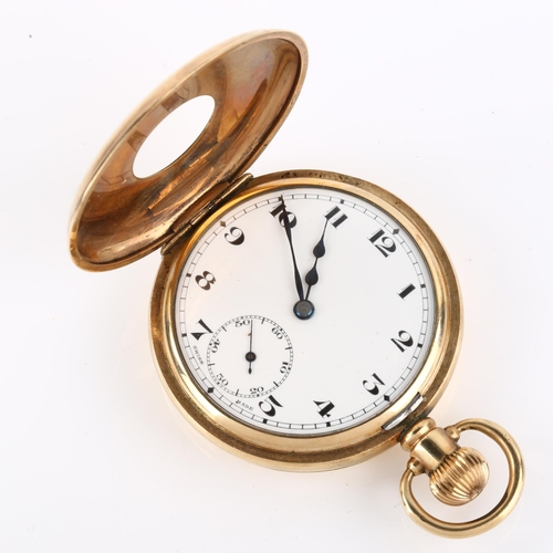 1067 - DERRICK - an early 20th century gold plated half hunter keyless pocket watch, white enamel dial with... 