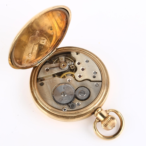 1067 - DERRICK - an early 20th century gold plated half hunter keyless pocket watch, white enamel dial with... 