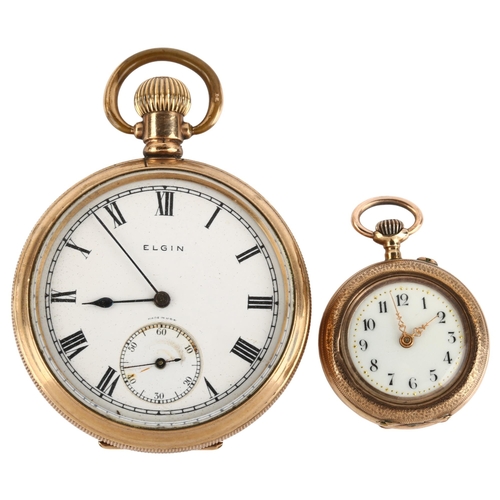 1068 - 2 gold plated pocket watches, comprising Elgin and miniature fob watch, largest case diameter 50mm, ... 