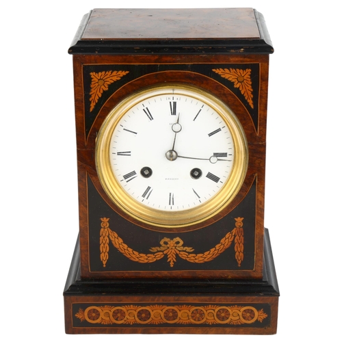 1075 - BREGUET - a French inlaid burr-walnut 8-day mantel clock, white enamel dial with Roman numeral hour ... 