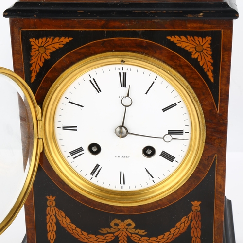 1075 - BREGUET - a French inlaid burr-walnut 8-day mantel clock, white enamel dial with Roman numeral hour ... 