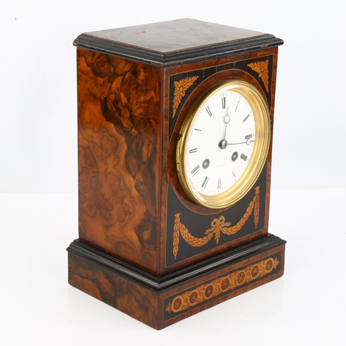 1075 - BREGUET - a French inlaid burr-walnut 8-day mantel clock, white enamel dial with Roman numeral hour ... 