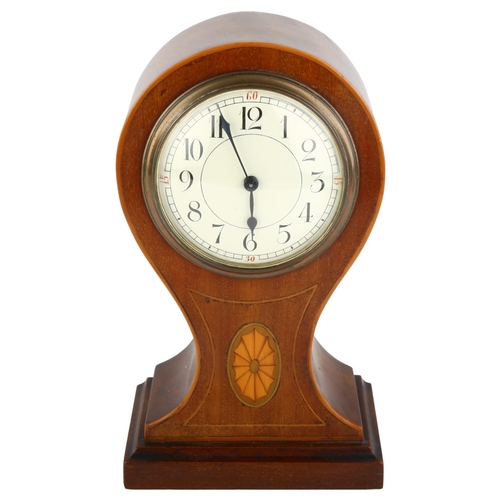 1079 - An Art Nouveau inlaid mahogany balloon mantel clock, cream dial with Arabic numerals and blued steel... 