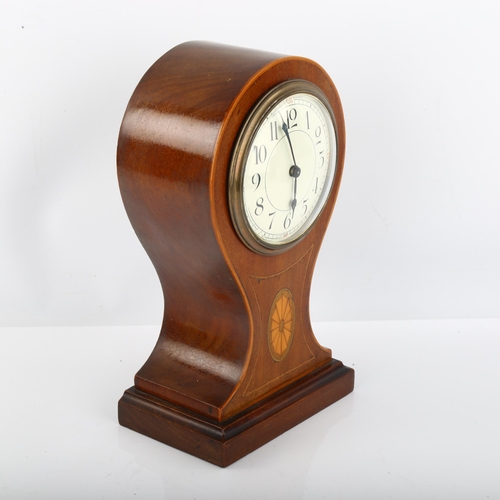 1079 - An Art Nouveau inlaid mahogany balloon mantel clock, cream dial with Arabic numerals and blued steel... 