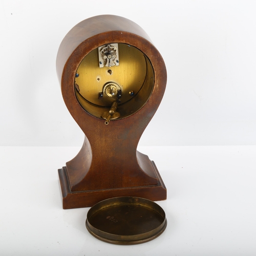 1079 - An Art Nouveau inlaid mahogany balloon mantel clock, cream dial with Arabic numerals and blued steel... 