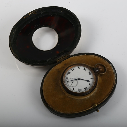 1081 - An early 20th century silver and tortoiseshell mounted leather travelling pocket watch case, with st... 