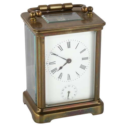 1082 - A French brass-cased alarm carriage clock, white enamel dial with Roman numeral hour markers, blued ... 