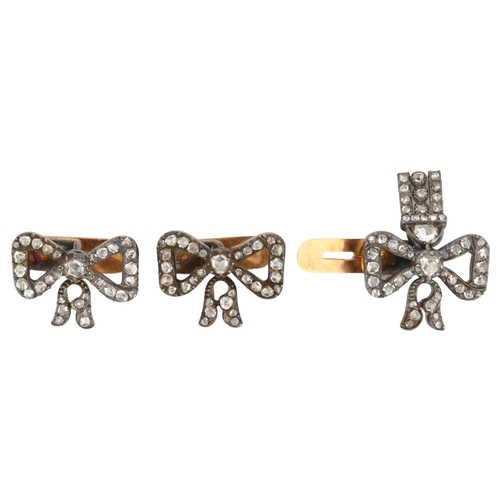 1102 - CARTIER - a set of 3 Art Deco diamond ribbon bow dress studs, 1 having en tremblant drop, set with r... 