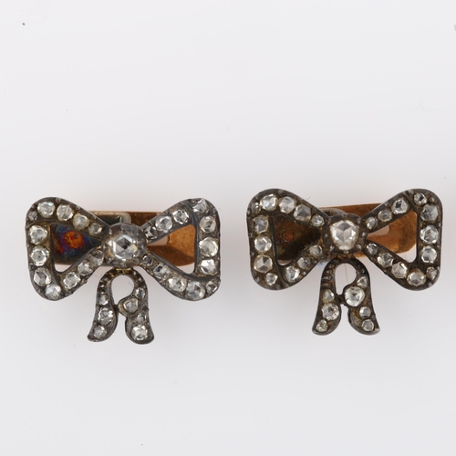 1102 - CARTIER - a set of 3 Art Deco diamond ribbon bow dress studs, 1 having en tremblant drop, set with r... 