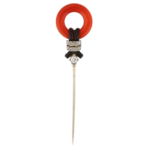 1103 - ATTRIBUTED TO CARTIER - an Art Deco coral black enamel and diamond jabot pin, set with polished cora... 