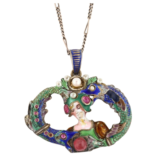 1108 - A large late 19th century Austro-Hungarian silver ruby pearl and enamel figural pendant necklace, de... 