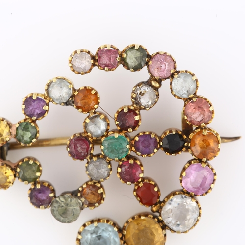 1111 - An Antique gem set crest brooch, unmarked yellow metal settings with gemstones including ruby emeral... 