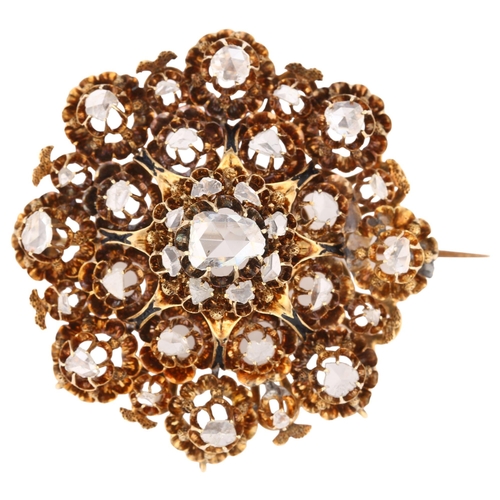 1112 - A large Russian 14ct gold diamond openwork brooch, set with rose-cut diamonds including central Dutc... 