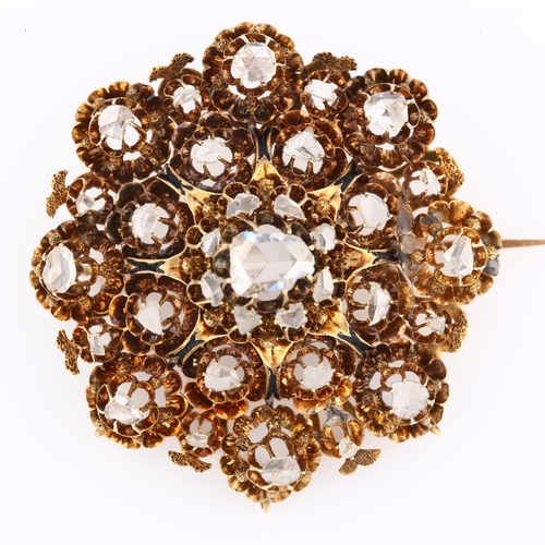 1112 - A large Russian 14ct gold diamond openwork brooch, set with rose-cut diamonds including central Dutc... 