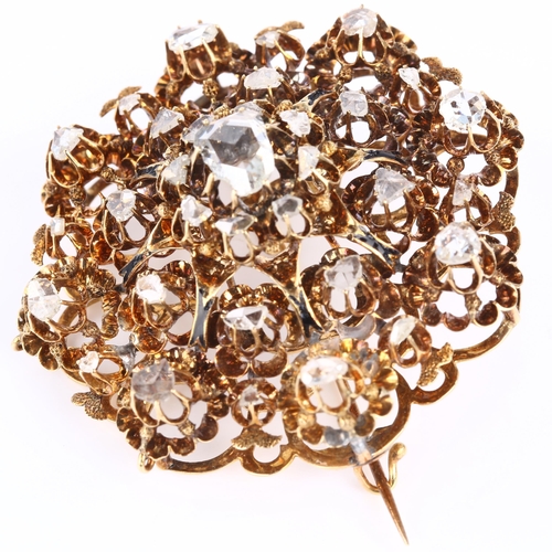 1112 - A large Russian 14ct gold diamond openwork brooch, set with rose-cut diamonds including central Dutc... 