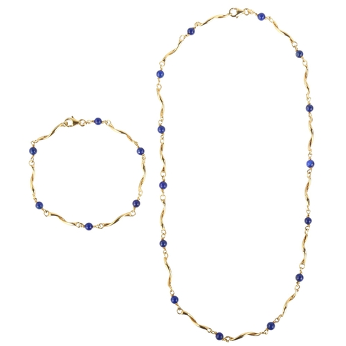 1114 - An Italian 18ct gold lapis lazuli spacer necklace and bracelet set, necklace length 41cm, bracelet l... 