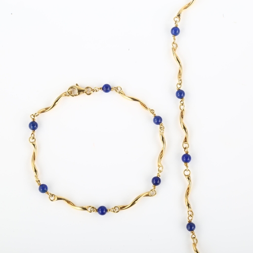 1114 - An Italian 18ct gold lapis lazuli spacer necklace and bracelet set, necklace length 41cm, bracelet l... 