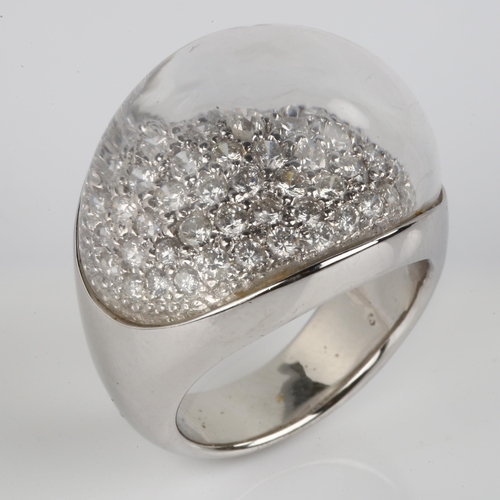 1115 - An 18ct white gold rock crystal and diamond bombe ring, set with domed rock crystal and modern round... 