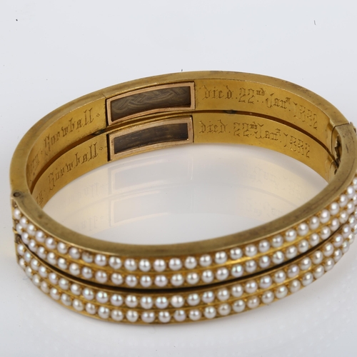 1116 - A Victorian split pearl memorial double-hinged bangle, 2 separate bracelets joined into 1, unmarked ... 