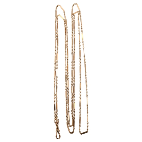 1118 - An Antique 9ct rose gold rope and bar link long guard chain, with 9ct dog clip, chain length 150cm, ... 