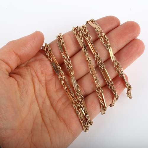 1118 - An Antique 9ct rose gold rope and bar link long guard chain, with 9ct dog clip, chain length 150cm, ... 