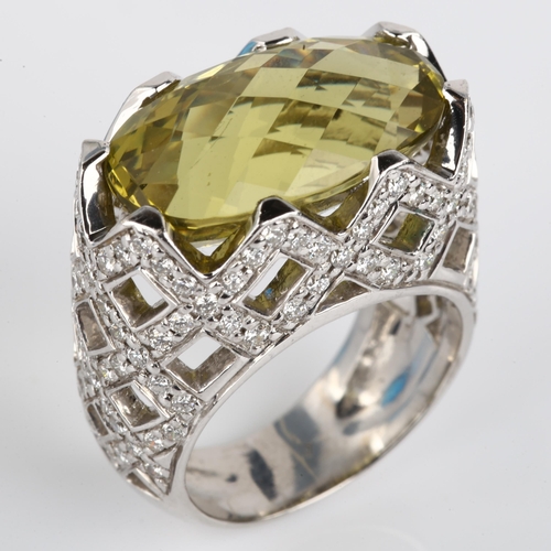 1119 - A large modern 18ct white gold chrysoberyl and diamond cocktail ring, set with rose-cut chrysoberyl ... 