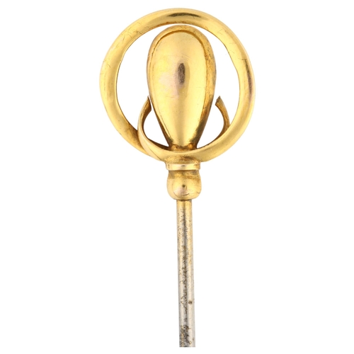 1121 - CHARLES HORNER - an Art Nouveau 9ct gold mounted steel hat pin, maker's marks CH, hallmarks Chester ... 