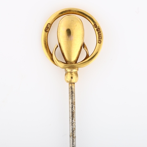 1121 - CHARLES HORNER - an Art Nouveau 9ct gold mounted steel hat pin, maker's marks CH, hallmarks Chester ... 