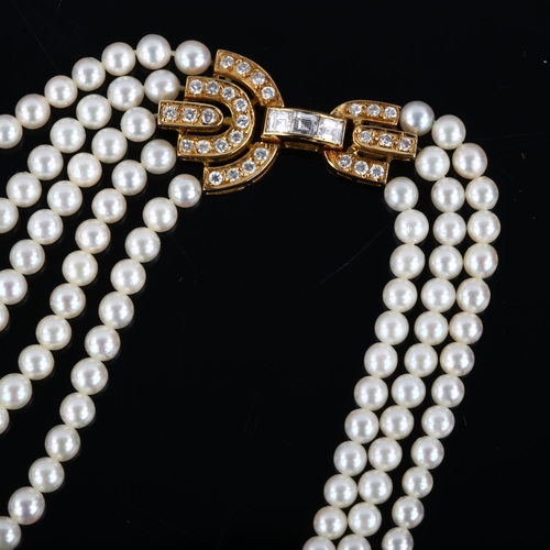 1122 - BOUCHERON - an 18ct gold multi-strand pearl and diamond necklace, the graduated pearls ranging from ... 