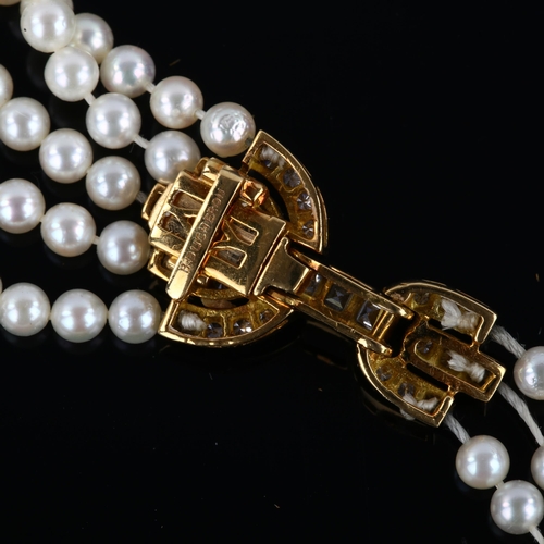 1122 - BOUCHERON - an 18ct gold multi-strand pearl and diamond necklace, the graduated pearls ranging from ... 