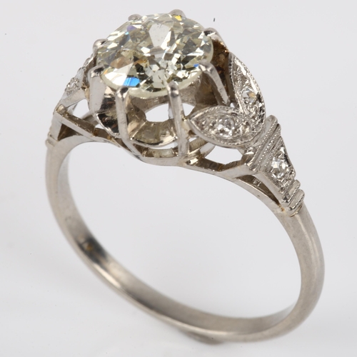 1124 - A 1.3ct solitaire diamond ring, unmarked white metal settings with claw set old European-cut diamond... 