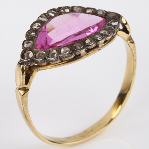 1128 - A pink sapphire and diamond marquise cluster ring, unmarked gold settings with marquise-shape pink s... 