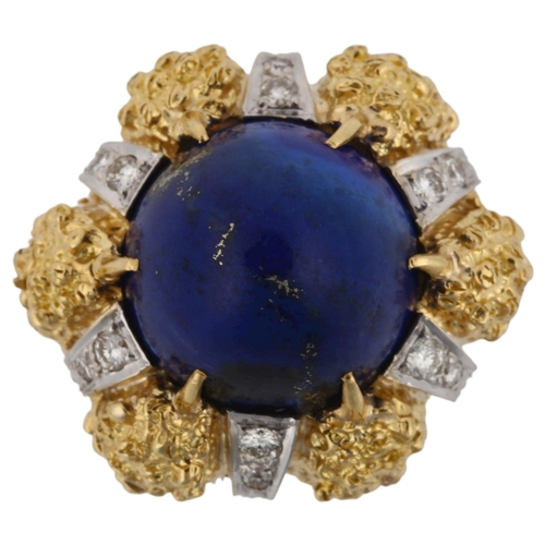 1134 - A large 18ct gold lapis lazuli and diamond cocktail ring, textured claw setting with high bullet cab... 