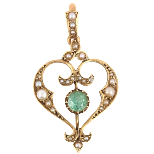 1135 - An Art Nouveau Edwardian 15ct gold green paste and split pearl openwork heart pendant, pendant heigh... 