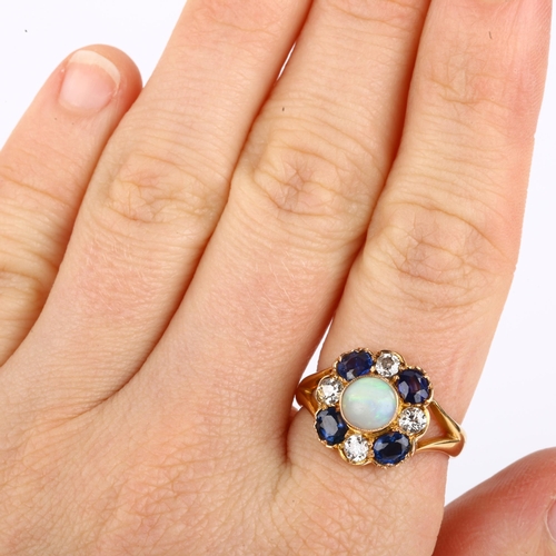 1138 - An Antique 18ct gold opal sapphire and diamond cluster flowerhead ring, set with round cabochon opal... 