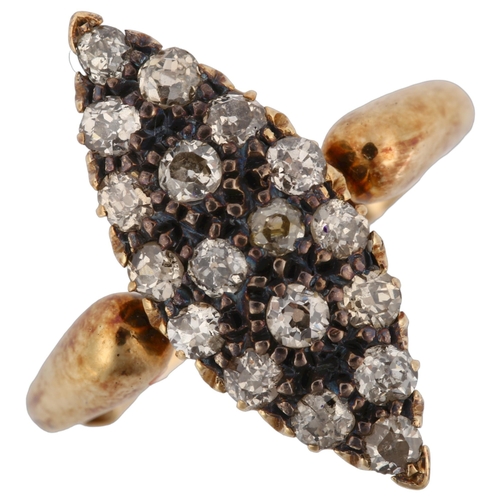 1139 - An Antique 18ct gold diamond marquise cluster ring, pave set with old-cut diamonds, total diamond co... 