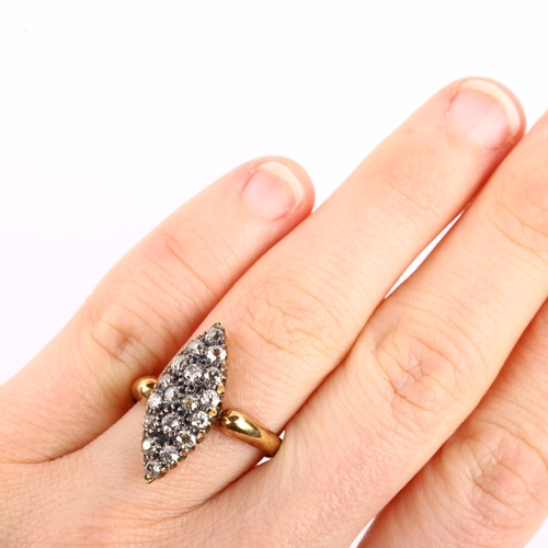 1139 - An Antique 18ct gold diamond marquise cluster ring, pave set with old-cut diamonds, total diamond co... 