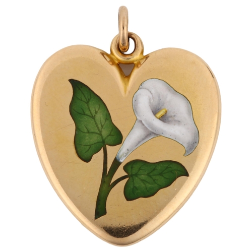 1141 - An Antique Calla lily heart locket pendant, unmarked rose gold settings with hand painted enamel lil... 