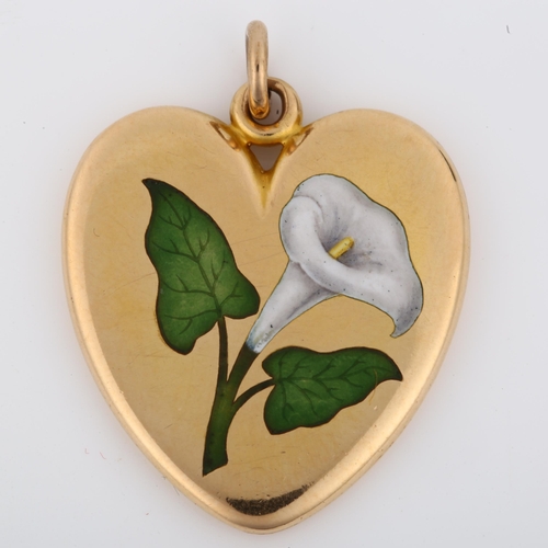 1141 - An Antique Calla lily heart locket pendant, unmarked rose gold settings with hand painted enamel lil... 