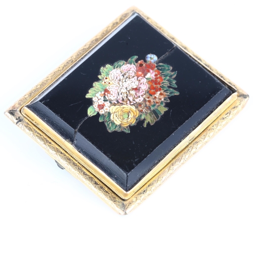 1143 - An Antique Italian micro-mosaic plaque brooch, depicting bunch of flowers, in unmarked yellow metal ... 