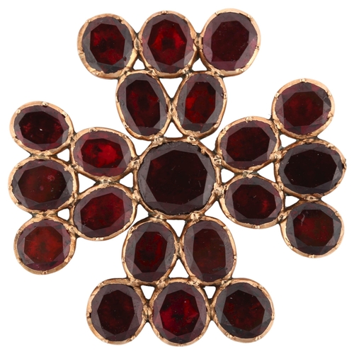 1144 - A large Victorian flat-top garnet Maltese Cross brooch, unmarked rose metal closed-back settings, br... 