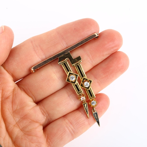 1145 - A Victorian Aesthetic Movement paste and black enamel negligee bar brooch, with later brooch fitting... 